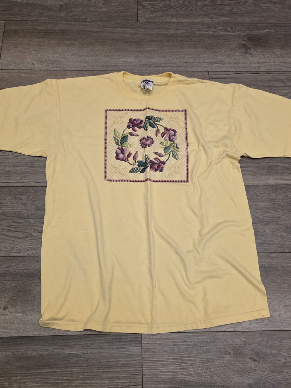 Jerzees Yellow Short-Sleeve Tee with Purple Floral Square Graphic